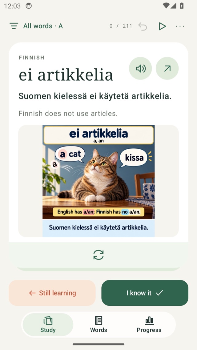 Finnish Android study screen with an illustrated lesson, sentence and recall buttons.